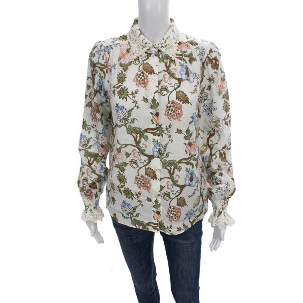 Me + Em Womens Floral Collared Button Long Sleeve Blouse Multicolor Size 6